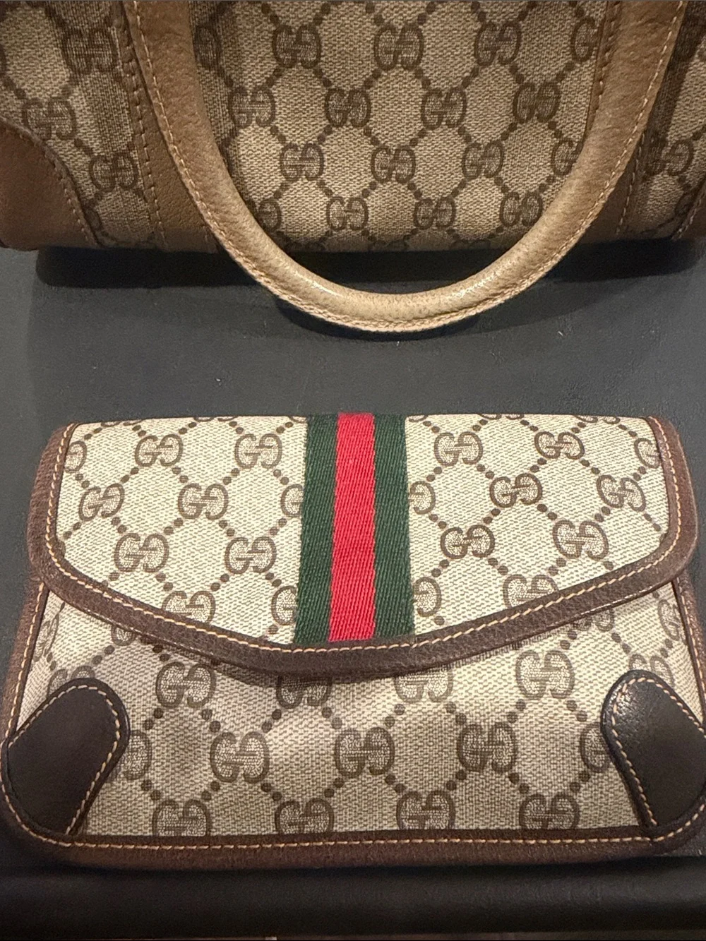 Gucci OPHIDIA GG Canvas Shoulder Bag with Green and Red Web Stripe